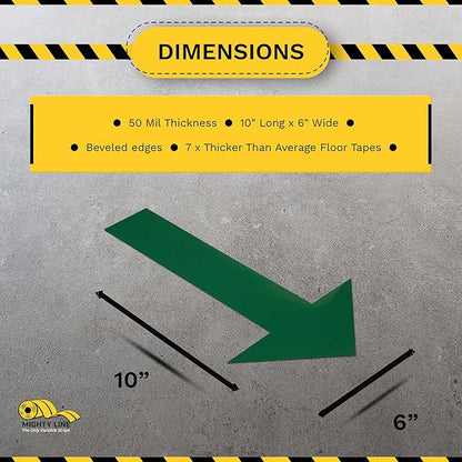 Mighty Line Solid Arrows Directional Sticker Sign Floor Marking Tape for Safety, Caution, Warning, Heavy-Duty, Peel and Stick, Adhesive, Industrial Quality, Green, 10" by 6", Pack of 50