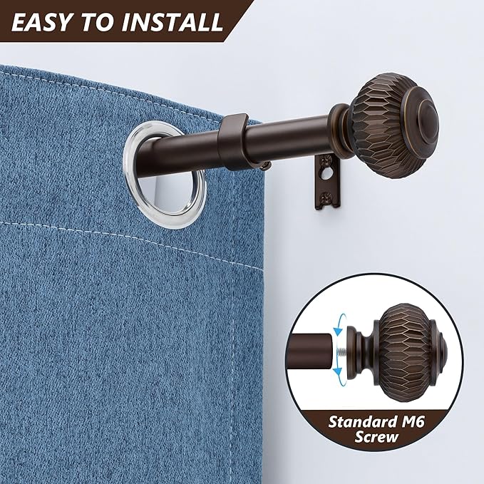 Bronze 1 Inch Adjustable Heavy Duty Curtain Rods with Lantern Ball Finials, Window Treatment Single Rods