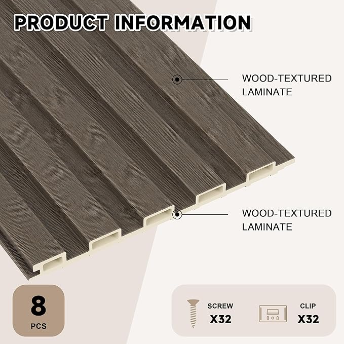 WPC Slat Wall Paneling, 8-Pack 3D WPC Wood Wall Panels, Acoustic Wall Panels for Interior Wall Decor, Living Room, Bedroom, Grayish Brown, 95 x 6 in