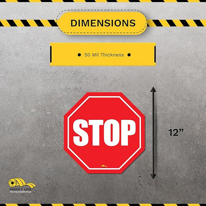 Mighty Line Stop Floor Sign Sticker for Safety, Warning, Heavy-Duty, Peel and Stick, Adhesive, Industrial Quality, 12"