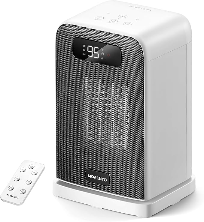 MORENTO Space Heater, Portable Space Heaters for indoor Use, Auto Temperature Control, LED Display Electric Heater, ECO Mode & 0-12H Timer, Quiet Heaters for Office, Bedroom, Home (White, 1 Pack)