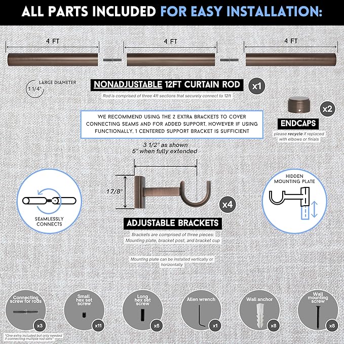 BlastHome® Non-Adjustable Luxury Curtain Rods for Windows, 1 ¼” Rod Set, 12 foot Fixed Length (Three Rods Connect for a Seamless Look), Oil Rubbed Bronze