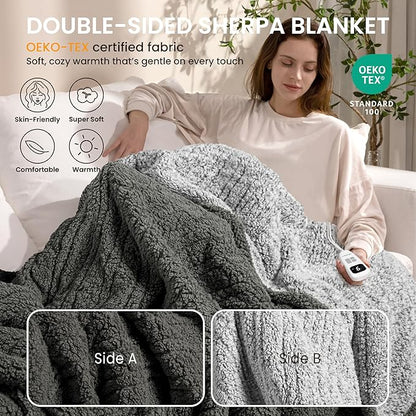 Heated Blanket Electric Blanket Queen - Fast Heating Blanket Throw Dual Control Double Sided Sherpa with 10 Heating Levels & 2-10 Hours Auto Off, Mashine Washable, 84 x 90 Inches, Grey