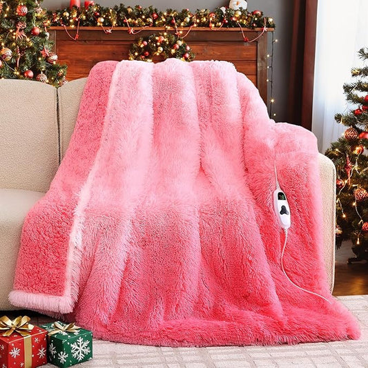 Heated Electric Blanket Heating Throw,Warm Winter Christmas Birthday Gifts for Her Women Grandma Seniors-Faux Fur Blanket with Soft Sherpa,10 Heat Settings,5 Time Settings,50x60, Baby Pink