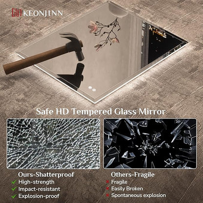 Keonjinn 40 x 24 Inch Backlit LED Mirror for Bathroom, Beveled Frameless Mirror with Backlight, Safe Tempered Glass, UL-Listed LED Driver, 3 Color Lights, Defogging, Decorative(Horizontal/Vertical)