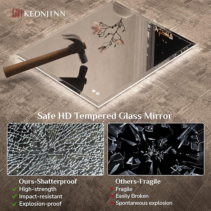 Keonjinn 72 x 36 Inch Large LED Mirror for Bathroom, Backlit Mirror with Beveled Edge, Safe Tempered Glass, Anti-fog, UL-Listed Driver, 3 Color Light, Plug in/Hardwired, Lighted Vanity Mirror for Wall