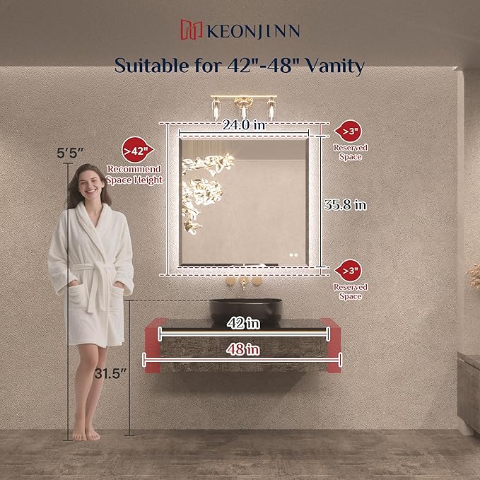 Keonjinn 36 x 36 Inch Square LED Mirror with Backlight, Backlit Bathroom Mirror Beveled Edge, HD Tempered Glass, UL-Listed LED Driver, 3 Color Lights, Safe Defogging, Dimmable, Decorative Mirror