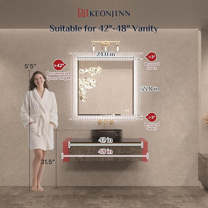 Keonjinn 36 x 36 Inch Square LED Mirror with Backlight, Backlit Bathroom Mirror Beveled Edge, HD Tempered Glass, UL-Listed LED Driver, 3 Color Lights, Safe Defogging, Dimmable, Decorative Mirror