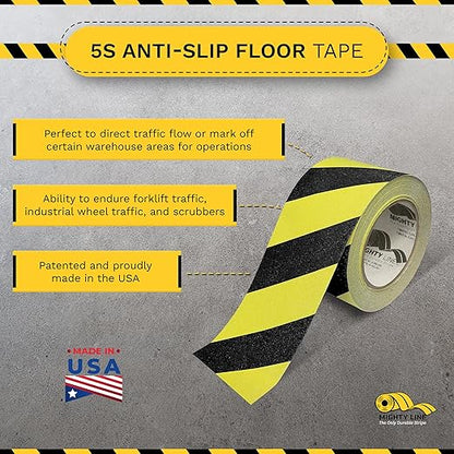 Mighty Line Anti-Slip Caution Floor Marking Tape for Safety, Warning, Heavy-Duty, Peel and Stick, Adhesive, Industrial Quality, 4" Yellow with Black Chevrons, 60' Roll
