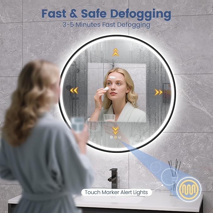 STARLEAD LED-Bathroom-Mirror-with-Lights, 24" Wall-Mounted with Bluetooth Speaker, Anti-Fog, 3 Color Temperature Dimmable Brightness, Waterproof, Frontlit & Backlit, Black Frameless Round