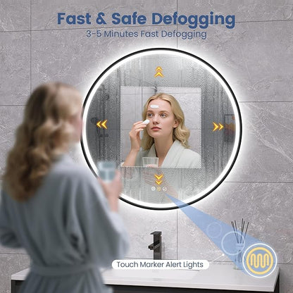 STARLEAD LED-Bathroom-Mirror-with-Lights, 24" Wall-Mounted with Bluetooth Speaker, Anti-Fog, 3 Color Temperature Dimmable Brightness, Waterproof, Frontlit & Backlit, Black Frameless Round