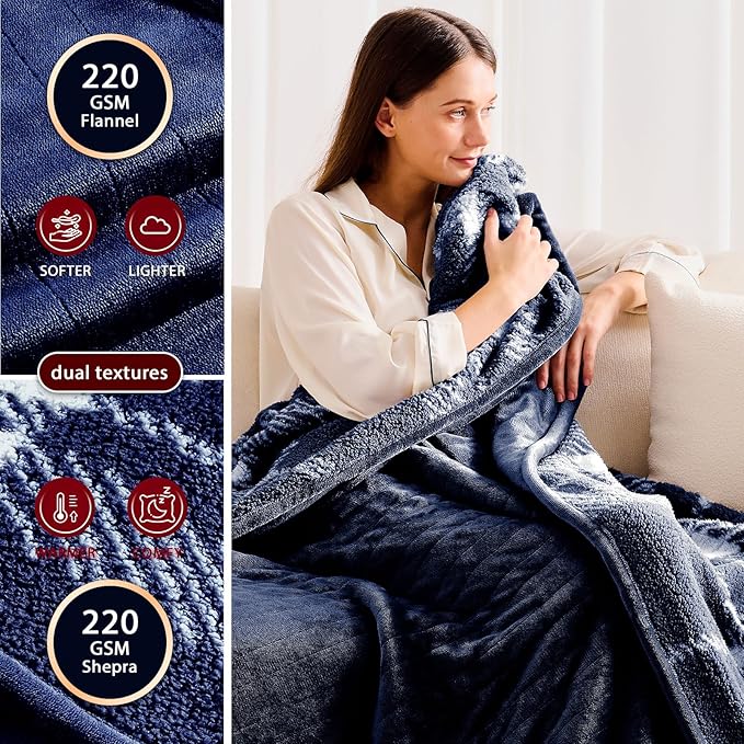 Heated Electric Blanket Throw Size - 50"x60" Flannel Heating Blanket with 10 Heating Levels & 5 Time Settings Over-Heat Protection, Winter Warmer for Adults with ETL Certification（Navy Blue）