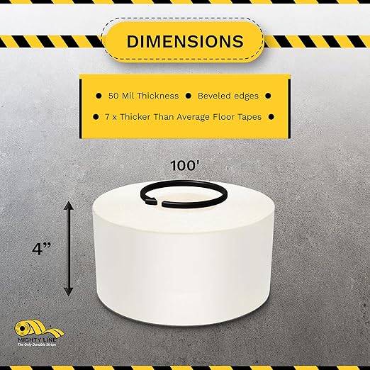 Mighty Line UltraLine Solid Floor Marking Tape for Safety, Caution, Warning, Heavy-Duty, Peel and Stick Adhesive, Beveled Edge Design, Industrial Quality, 4 Inch, 100' Roll, White
