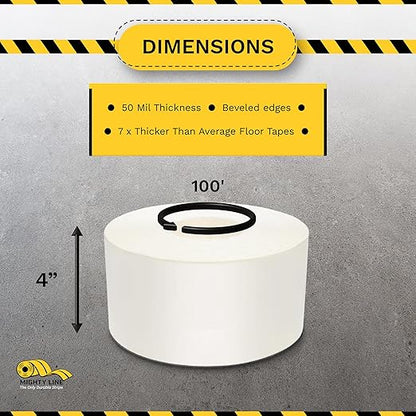 Mighty Line UltraLine Solid Floor Marking Tape for Safety, Caution, Warning, Heavy-Duty, Peel and Stick Adhesive, Beveled Edge Design, Industrial Quality, 4 Inch, 100' Roll, White