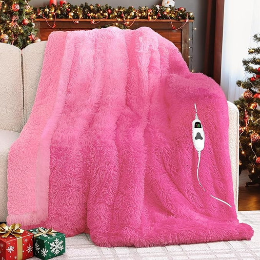 Heated Electric Blanket Twin,Warm Winter Birthday Gifts for Women Her Grandma–Faux Fur with Soft Sherpa,10 Heat Settings,5 Time Settings with Fast Heating, 62x84, Rose Red