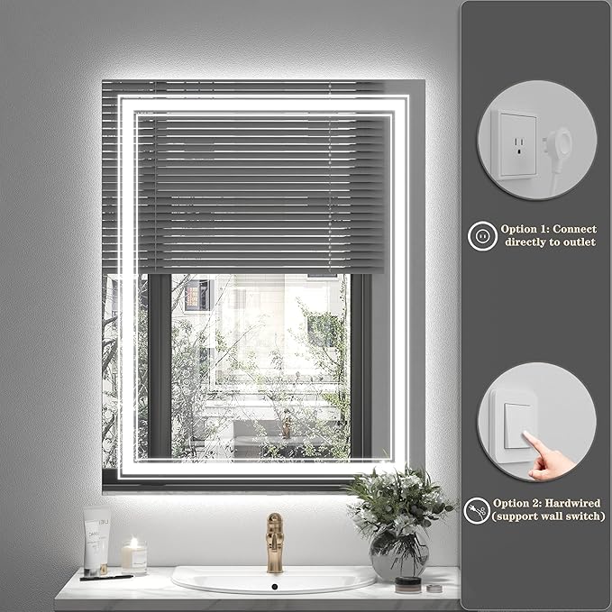 55x40 LED Bathroom Mirror, Lighted Mirror for Bathroom Wall, Backlit and Front lit, Dimmable, Anti-Fog, Shatterpoof, Memory (Horizontal/Vertical)