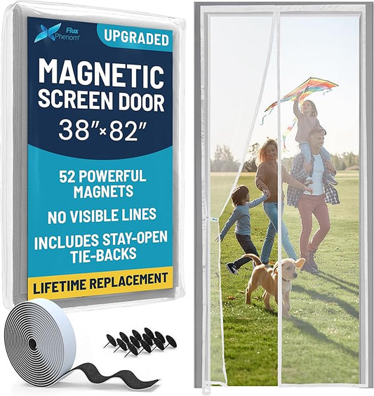 Flux Phenom Magnetic Screen Door Mesh 38x82 Inch – Easy Install, Strong Magnet Strength, Self-Sealing Mesh, Pet Tested, Hands-Free Entry, Door Screen Magnetic Closure, Keeps Bugs Out - White