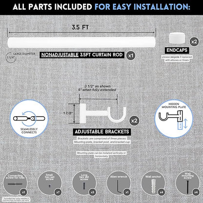 BlastHome® Non-Adjustable Luxury Curtain Rods for Windows, 1 ¼” Rod Set, 3 1/2 foot Fixed Length, White