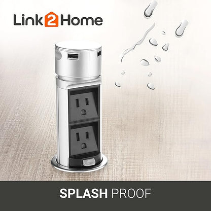 Link2Home Space Saver Pop Up-Outlet, 2 Power Outlets, 2 USB Ports 2.4 Amp, Overload Protection, Splash Resistant EM-PU-200E