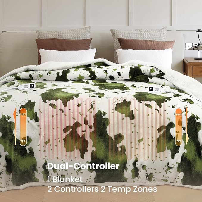 Cow Print Heated Electric Blanket King Size-Dual Control Heating Blanket King Size with 10 Heat Levels & 10 Hours Auto-Off, Cozy Soft Fleece Sherpa, Washable, 90x100 Inche Cow Print Sage