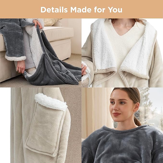 Bedsure Wearable Heated Blanket with Foot Pocket - Electric Snuggle Blanket for Adult with Sleeves, Winter Gifts for Mom Women Girlfriend, Warm Sherpa Heating Throw, Auto Shut Off, 50 x 71+18", Cream