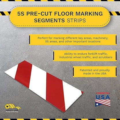 Mighty Line Floor Marking Tape Strips for Safety, Caution, Warning, Heavy-Duty, Peel and Stick, Adhesive, Industrial Quality, White and Red Hazard, 4" by 10"