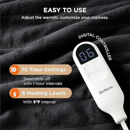 Bedsure Electric Blanket Twin - Soft Flannel Heated Blanket, Fast Heating with 10 Time Settings & 6 Heat Settings, Warm Gift for Grandma (62x84 inches, Black)