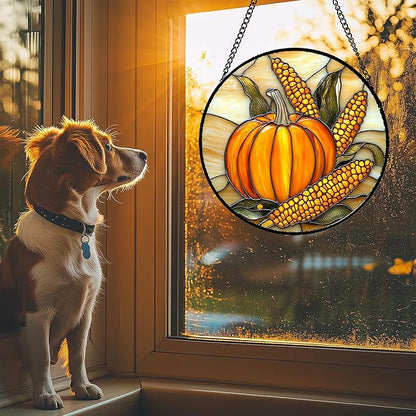 Stained Glass Window Hanging Autumn Harvest Pumpkin Corn 6.3" - Suncatcher Door Garden Kitchen Sunroom Sun Catcher Fall Home Decor Birthday for Mom Grandma Men Woman