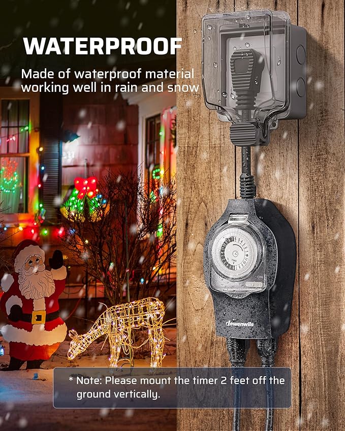 DEWENWILS 1 Pack Mechanical Light Timer for Outdoor Lighting, 24-Hour Plug in Timers, Heavy Duty Programmable Timer Switch with 2 Grounded Outlets for Christmas String Lights, 15A 1/2HP UL Listed