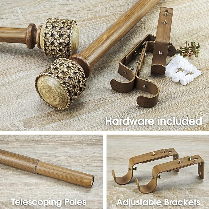 1-1/8 Inch Diameter Faux Wood Curtain Rods with Faux Rattan Cane Woven Finial, 72-144'' Telescoping Single Curtain Rods for window width 68-140 inch, 1 pack