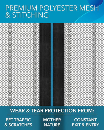 Flux Phenom Magnetic Screen Door (3 Pack) - Bugs Out, Breeze in - 9min Install Auto-Sealing Heavy Duty Double Stitched Mesh, Hands Free Sliding & Patio Doors Net, Pet & Kid Friendly, 38 x 82 Inch