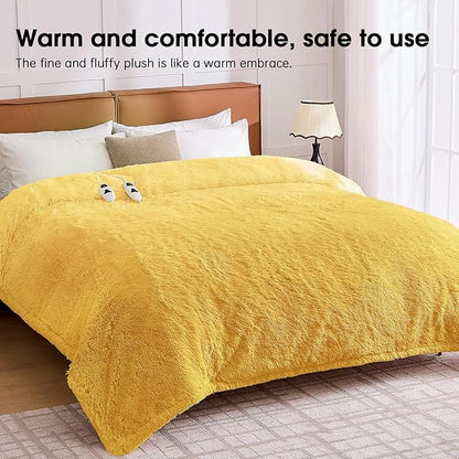 Heated Electric Blanket Queen–Faux Fur with Soft Thick SherpaWarm Winter Birthday Gifts for Women Grandma,Dual Control,10 Heat Settings,5 Time Settings, 84x90, Beige
