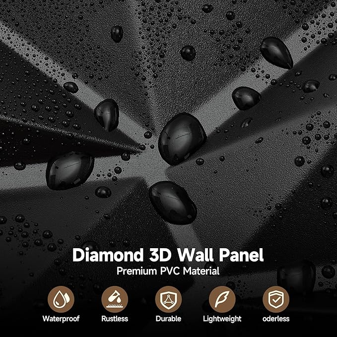 INMOZATA 3D Wall Panels for Interior Wall Decor, 33 Pack 12 x 12 Inch Decorative Wall Panels Diamond 3D Textured Accent Panel for TV, Gaming Living Room, Bedroom Background(Black)