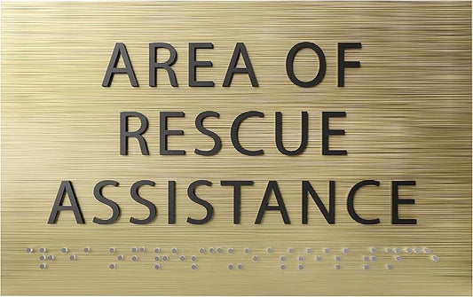 Area of Rescue Assistance Sign - ADA compliant sign. 6"x4" sign made from durable plastic with raised lettering and Braille. Designed to meet ADA (Americans with Disabilities Act) regulations.