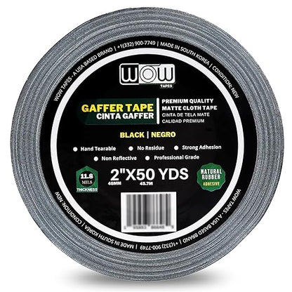 Wow Gaffers Tape 2 Inch Black - 50 Yards, Residue Free, Non-Reflective & Heavy-Duty - Professional Grade Gaff Tape - Ideal for Photography Backdrop, Cables, Cords & Floor Taping