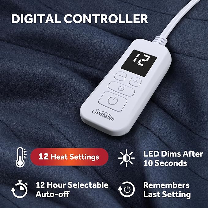 Sunbeam Royal Ultra Fleece Heated Electric Blanket Full Size, 84" x 72", 12 Heat Settings, 12-Hour Selectable Auto Shut-Off, Fast Heating, Machine Washable, Warm and Cozy, Indigo