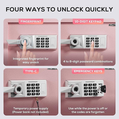 2.0 Cub Biometric Safe Box with Fireproof Bag, Quick-Access Fingerprint with Keys, Digital Keyboard, Type-C Port, Dual Alarm System Safety Box for Home, Office, Hotel Use(Pink)