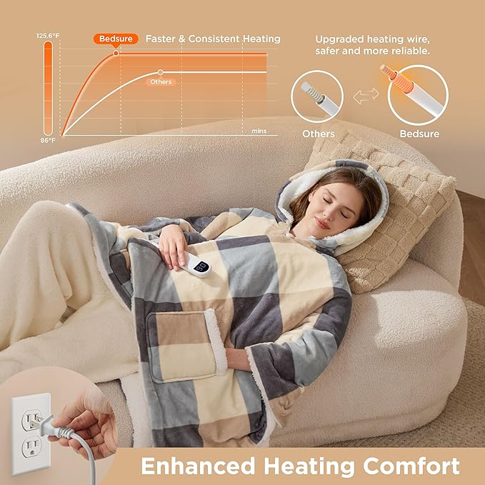 Bedsure Heated Blanket Wearable Shawl - Electric Wrap Poncho Blanket Hoodie Adult as Winter Gifts for Mom Women Girlfriend, Warm Sherpa Heating Throw, Auto Shut Off, 55x64 inches, Beige Plaid Pattern