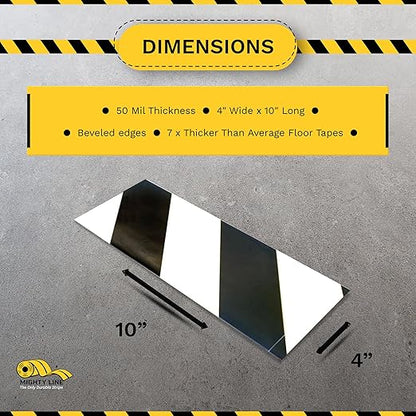 Mighty Line Floor Marking Tape Strips for Safety, Caution, Warning, Heavy-Duty, Peel and Stick, Adhesive, Industrial Quality, White and Black Hazard, 4" by 10"
