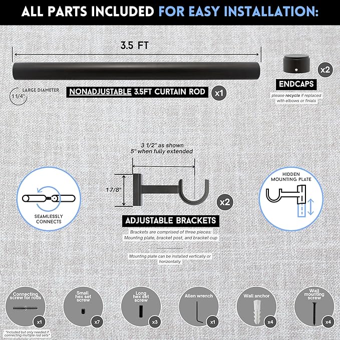 BlastHome® Non-Adjustable Luxury Curtain Rods for Windows, 1 ¼” Rod Set, 3 1/2 foot Fixed Length, Brushed Dark Brown