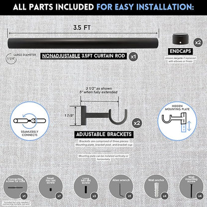 BlastHome® Non-Adjustable Luxury Curtain Rods for Windows, 1 ¼” Rod Set, 3 1/2 foot Fixed Length, Brushed Dark Brown
