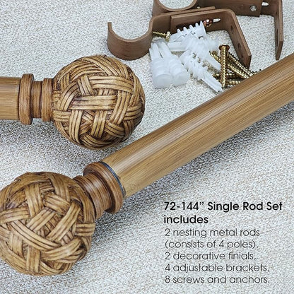 Faux Wood Style Curtain Rod Set with Faux Rattan Look Finial, 72-144 inch, Standard Single Drapery Rod for 1 Pack, 1 inch diameter, Adjustable Length