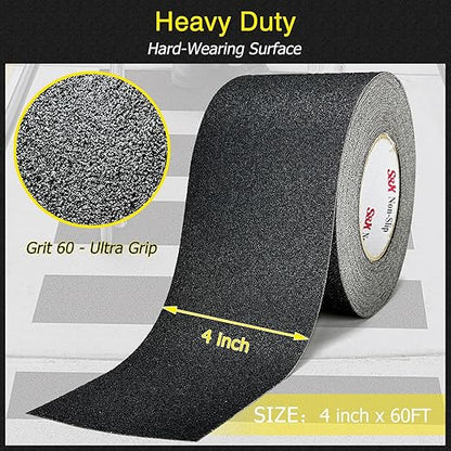 S&X Commercial-Grade Anti Slip Tape - 4" x 60', Grit 60 - Enhanced Traction Grip Tape for Stairs Outdoor Indoor - Weatherproof and Industrial Strength, Black