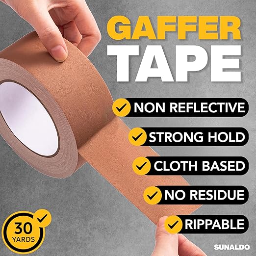 Gaffers Tape, Strong Hold, Easy to Rip, Residue-Free Professional Grade Floor Tape for Electrical Cords, Matte Finish Non Reflective, Weather Resistant (1 Pack, Brown, 2" x 30 Yards)