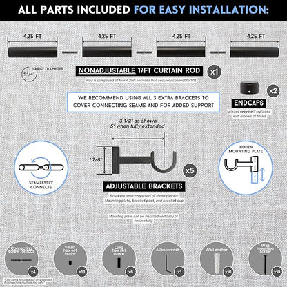 BlastHome® Non-Adjustable Luxury Extra Long Curtain Rod, 1 ¼” Rod Set, 17 foot Fixed Length (Four Rods Connect for a Seamless Look), Brushed Dark Brown
