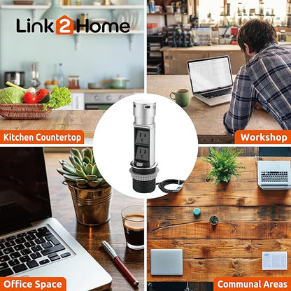 Link2Home 2 Pack Space Saver Pop Up Outlet Station with USB, 2 Power Outlets 15A, 2 USB Ports 2.4A Fast Charge Splash Resistant, Stainless-Steel Finish, for Kitchen Island, Office Table and Workshop