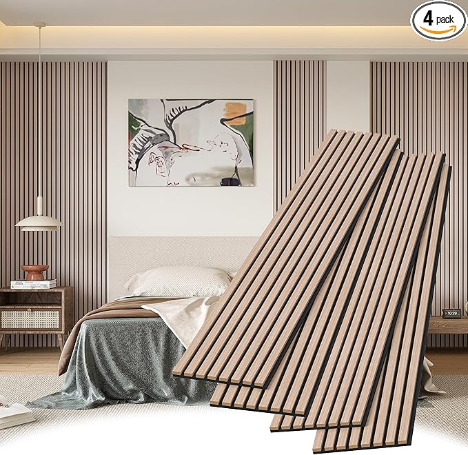 Stylish Decorative Wall Panels, 4 Pack 8 x 1 ft, Modern Acoustic Wood Panels with Felt Backing, Natural