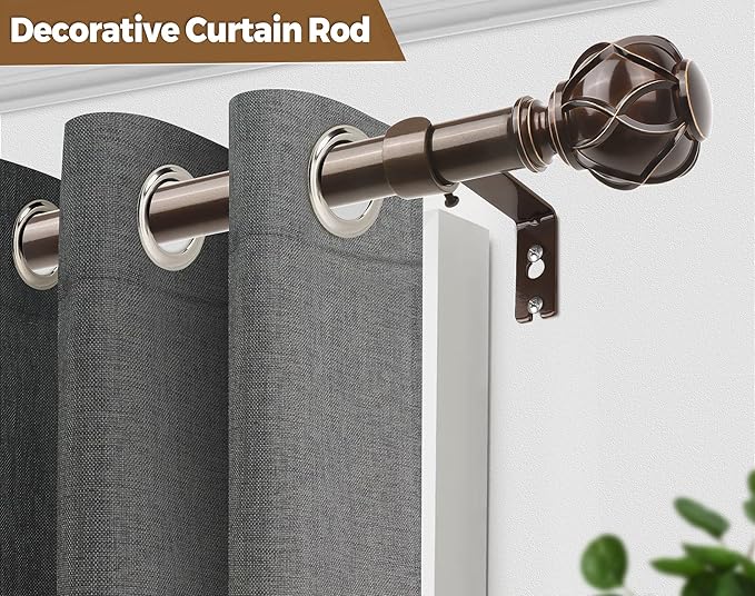 KAMANINA Curtain Rods for Windows 48 to 84 Inch, Antique Bronze Heavy Duty Curtain Rod Adjustable, 7/8 Inch Single Decorative Drapery Rod 32 to 86 Inch(2.6-7.1Ft), Netted Texture End