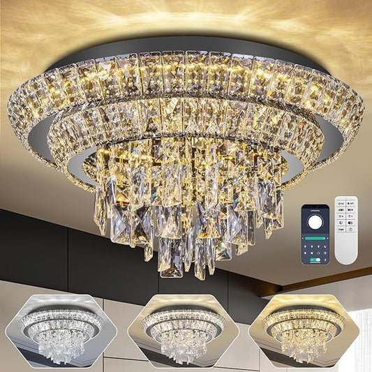 18 inch Crystal Black Ceiling-Light Flush Mount with Remote and APP Control, 3CCT Dimmable & Brightness Adjustable, Modern Crystal Raindrop Chandeliers for Bedroom Hallway Dinning Room Living Room