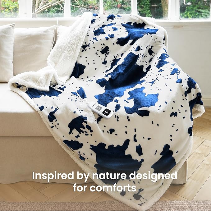 Cow Print Heated Blanket Full-Heating Electric Blanket Full with 10 Heat Levels & 10 Hours Auto-Off, Cozy Soft Fleece Sherpa, Washable, 72 x 84 Inche Cow Print Blue